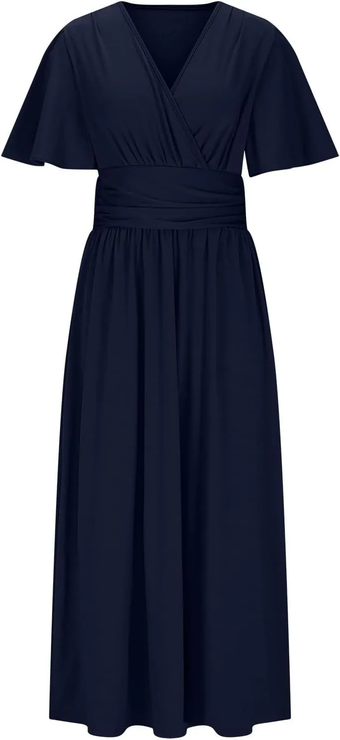 Elegant Dresses for Women Summer Casual Short Sleeve Ruched Wrap V Neck Empired Waist Pleated Side Split Midi Dresses