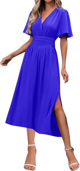 Elegant Dresses for Women Summer Casual Short Sleeve Ruched Wrap V Neck Empired Waist Pleated Side Split Midi Dresses
