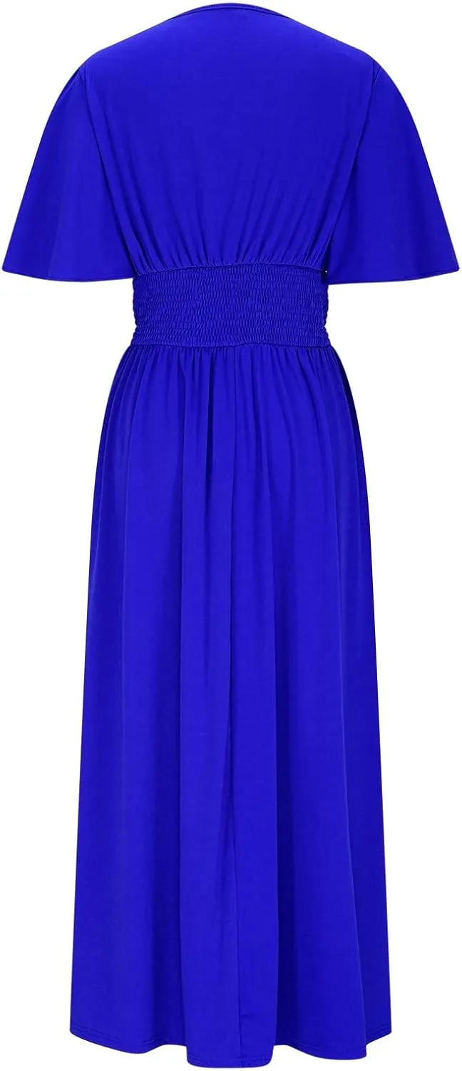 Elegant Dresses for Women Summer Casual Short Sleeve Ruched Wrap V Neck Empired Waist Pleated Side Split Midi Dresses