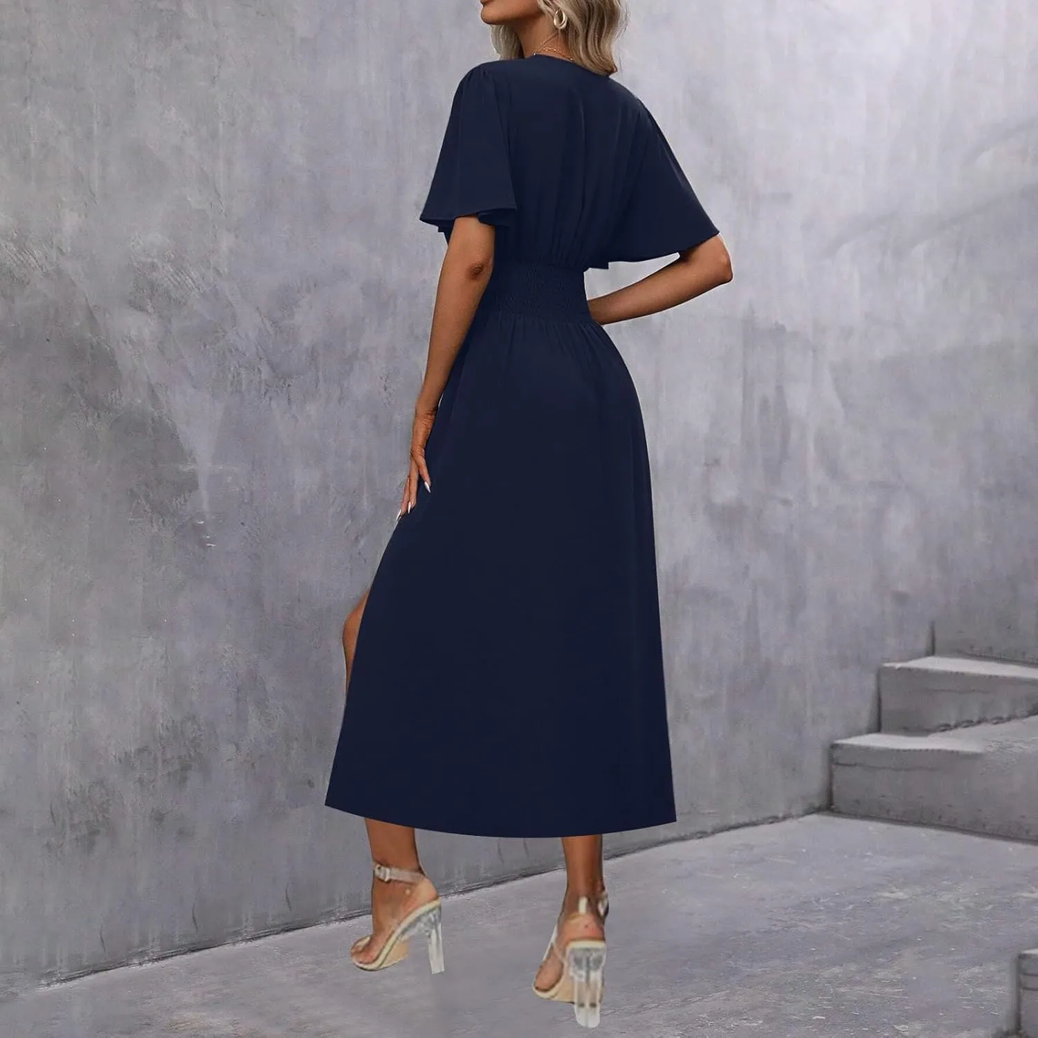 Elegant Dresses for Women Summer Casual Short Sleeve Ruched Wrap V Neck Empired Waist Pleated Side Split Midi Dresses