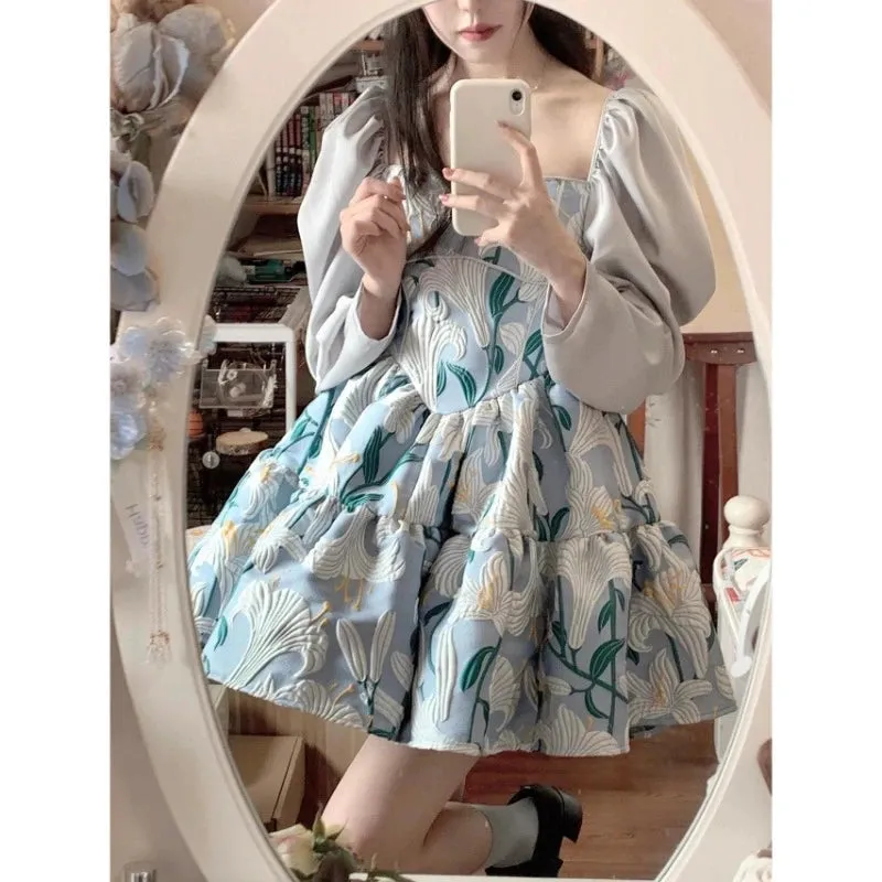 Girlary Court Style Puff Sleeve Vestidos Sweet Printed Princess Mini Dress Women Square Collar Slim Waist Loose Dress for Women