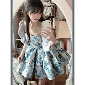 Girlary Court Style Puff Sleeve Vestidos Sweet Printed Princess Mini Dress Women Square Collar Slim Waist Loose Dress for Women
