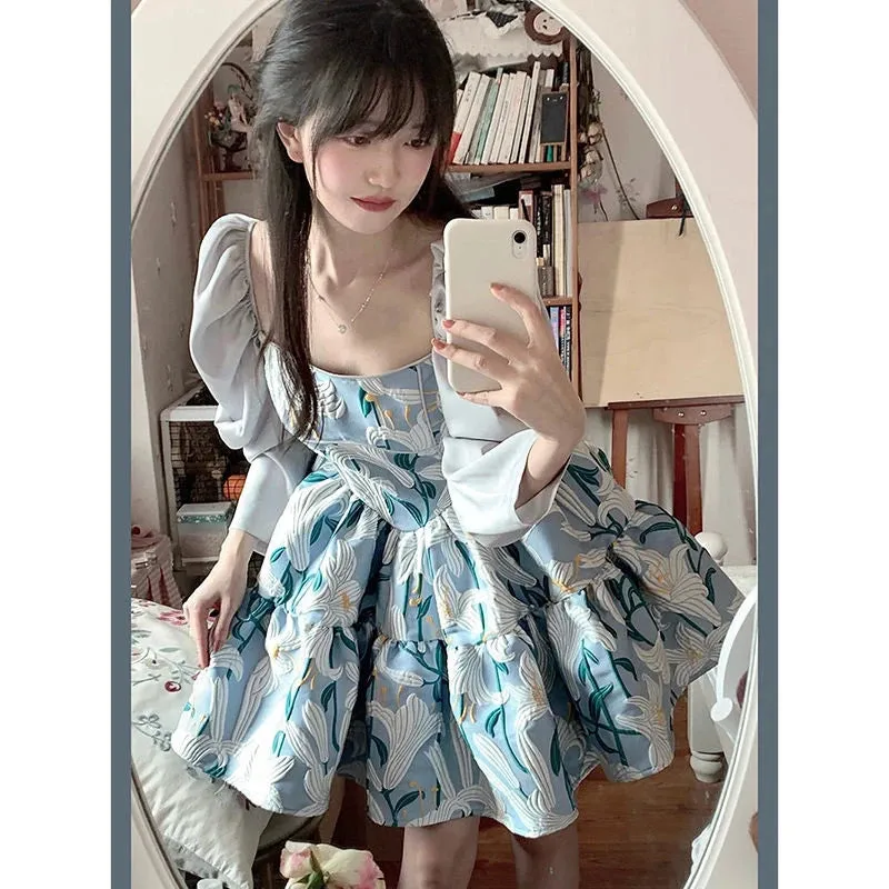 Girlary Court Style Puff Sleeve Vestidos Sweet Printed Princess Mini Dress Women Square Collar Slim Waist Loose Dress for Women