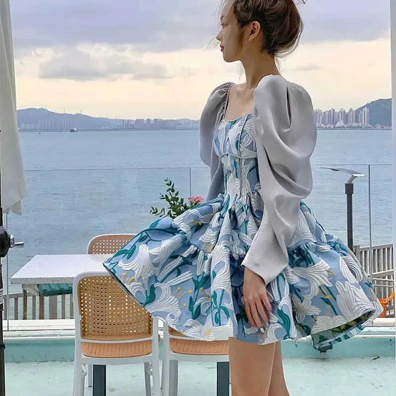 Girlary Court Style Puff Sleeve Vestidos Sweet Printed Princess Mini Dress Women Square Collar Slim Waist Loose Dress for Women
