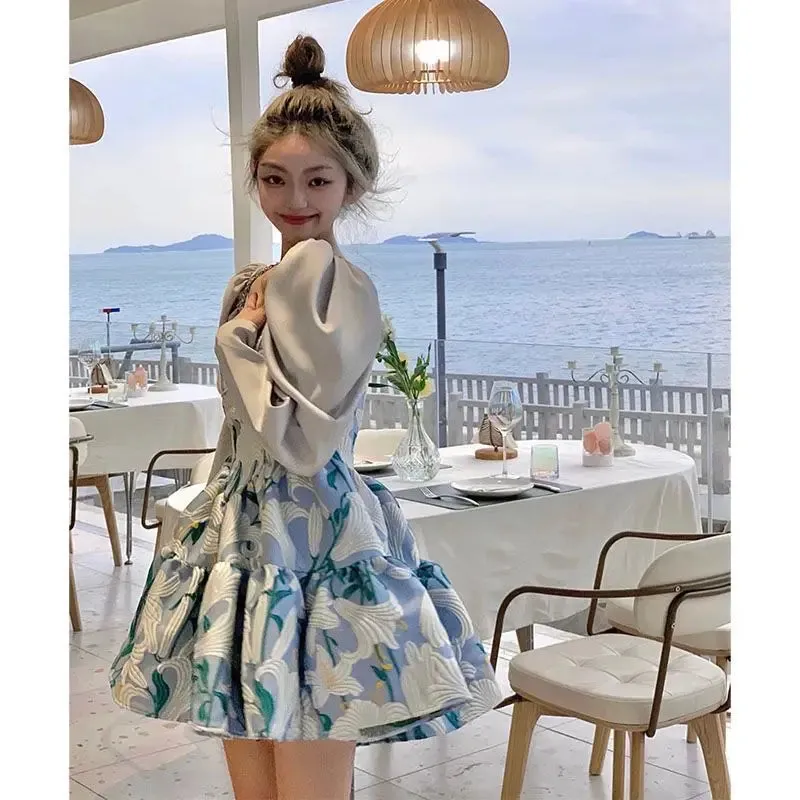 Girlary Court Style Puff Sleeve Vestidos Sweet Printed Princess Mini Dress Women Square Collar Slim Waist Loose Dress for Women