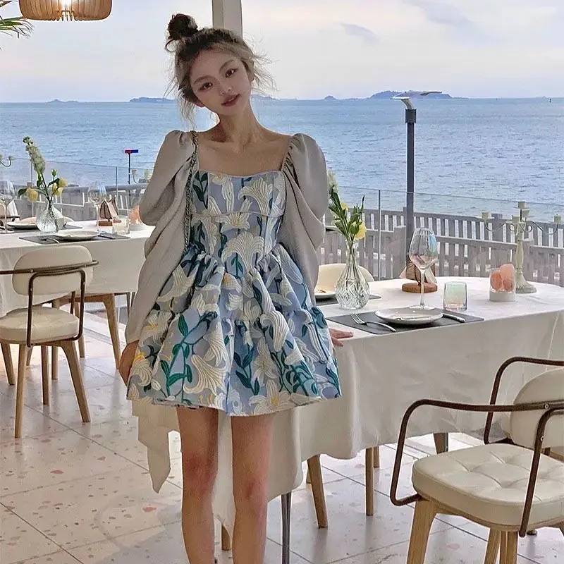 Girlary Court Style Puff Sleeve Vestidos Sweet Printed Princess Mini Dress Women Square Collar Slim Waist Loose Dress for Women