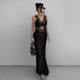 Girlary European and American Elegant Fashion Black Lace Stitching Suspender Dress Female Design Sense V-neck Hip Skirt Summer Dress