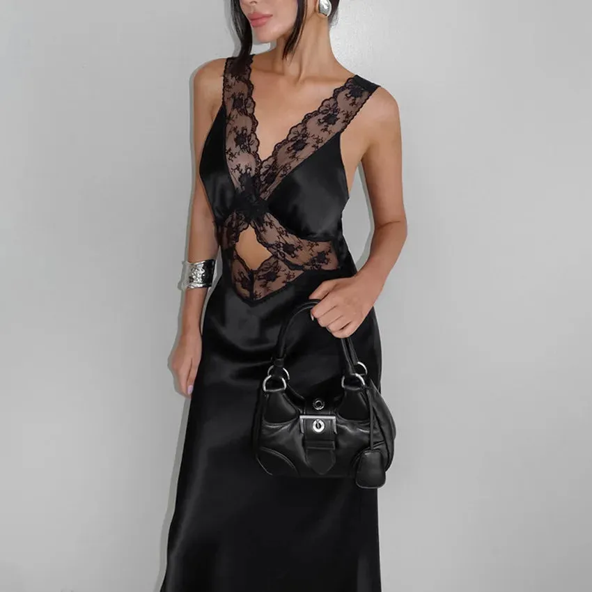 Girlary European and American Elegant Fashion Black Lace Stitching Suspender Dress Female Design Sense V-neck Hip Skirt Summer Dress