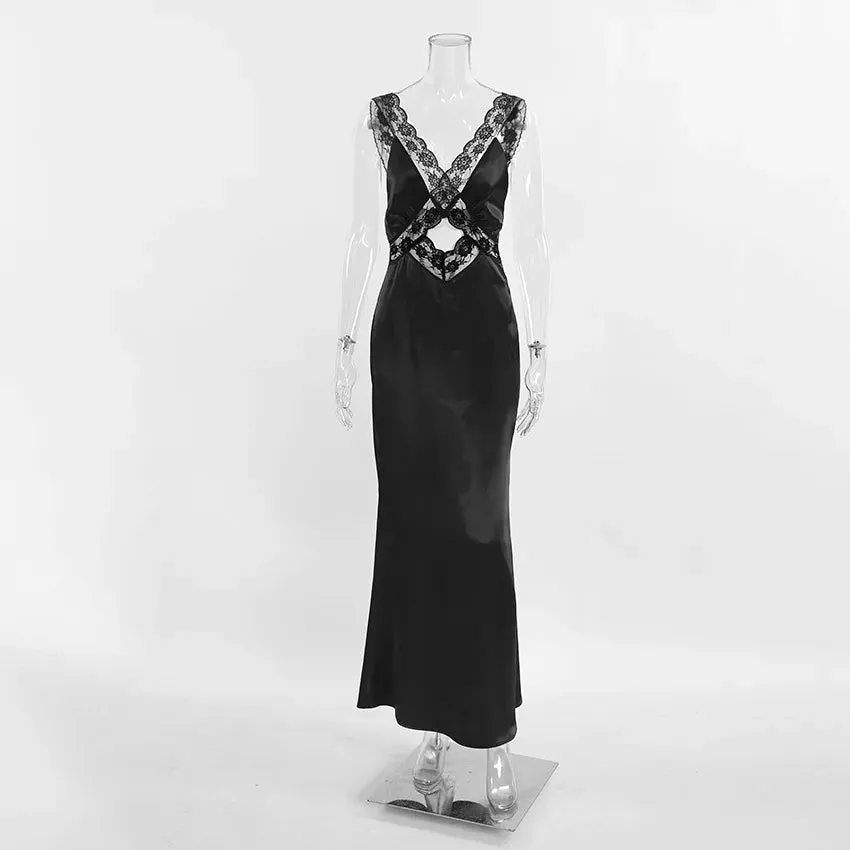 Girlary European and American Elegant Fashion Black Lace Stitching Suspender Dress Female Design Sense V-neck Hip Skirt Summer Dress