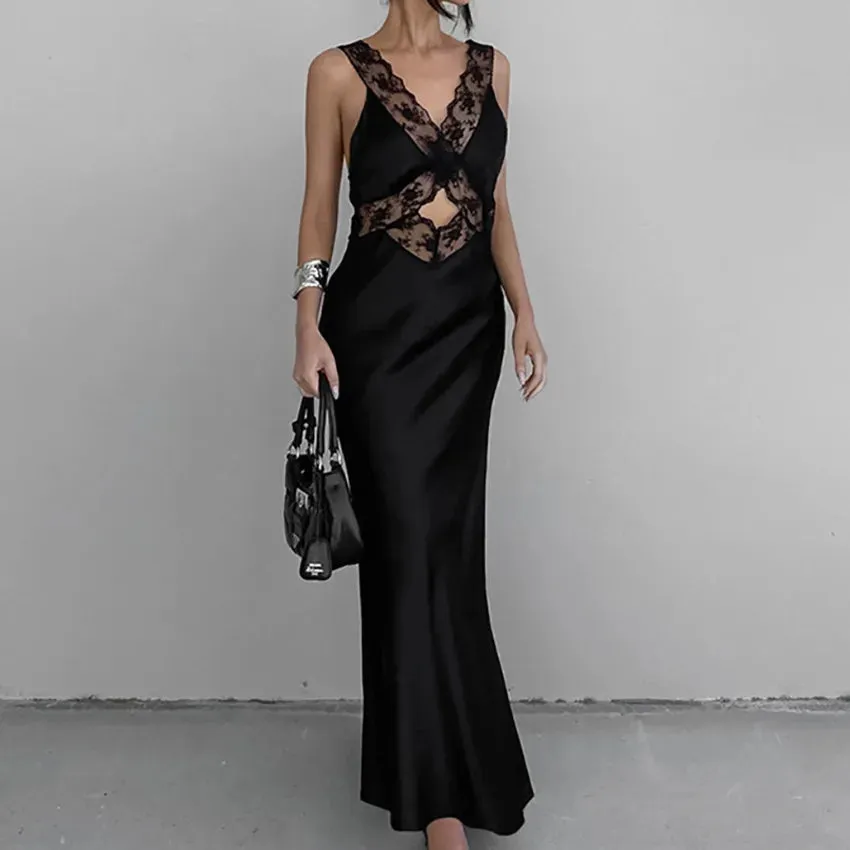 Girlary European and American Elegant Fashion Black Lace Stitching Suspender Dress Female Design Sense V-neck Hip Skirt Summer Dress