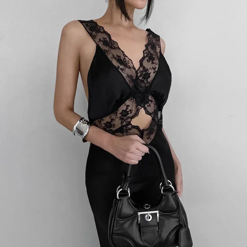 Girlary European and American Elegant Fashion Black Lace Stitching Suspender Dress Female Design Sense V-neck Hip Skirt Summer Dress