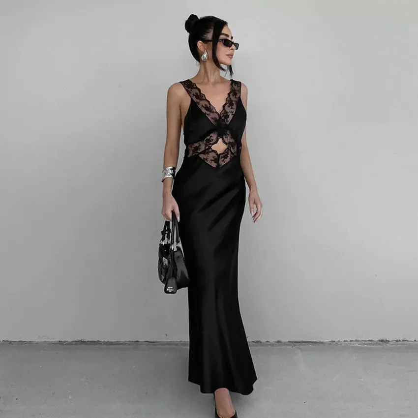 Girlary European and American Elegant Fashion Black Lace Stitching Suspender Dress Female Design Sense V-neck Hip Skirt Summer Dress