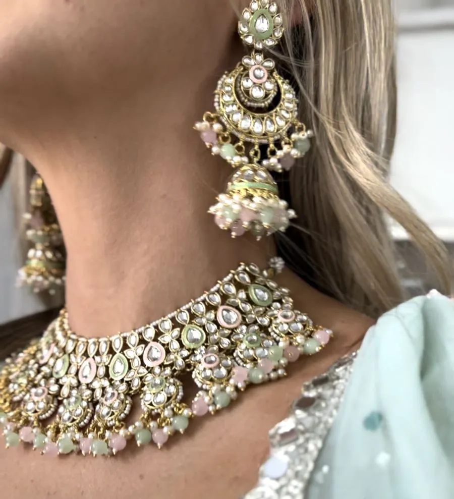 Gold color Polki Necklace Set with Green & Light Pink color beads