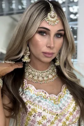 Gold color Polki Necklace Set with Green & Light Pink color beads