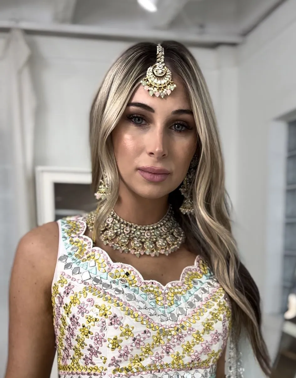 Gold color Polki Necklace Set with Green & Light Pink color beads