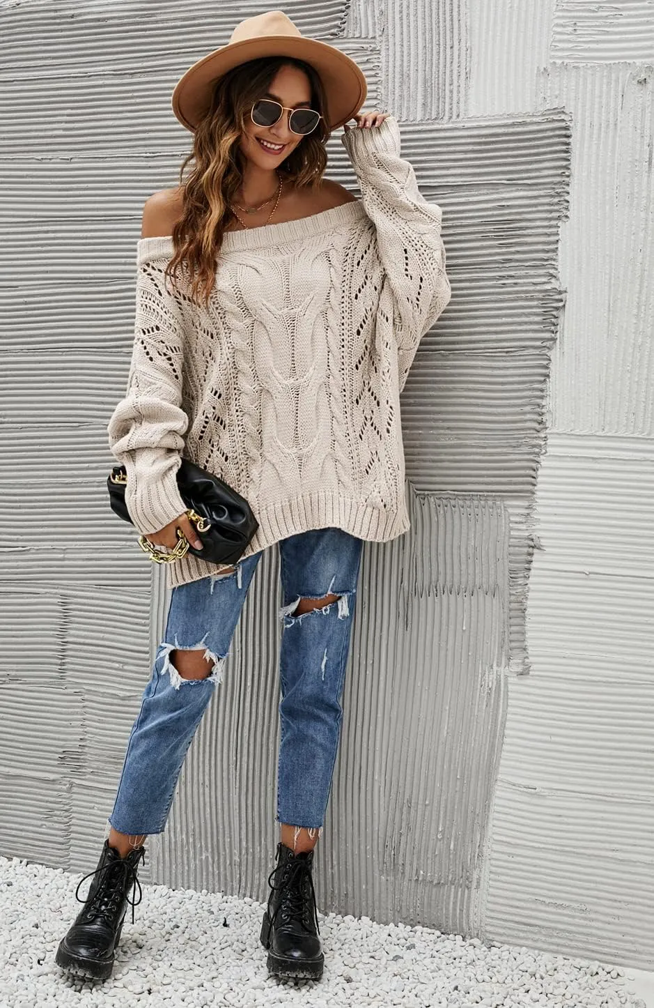 GOLDSTITCH Women's Off Shoulder Batwing Sleeve Loose Oversized Pullover Sweater Knit Jumper