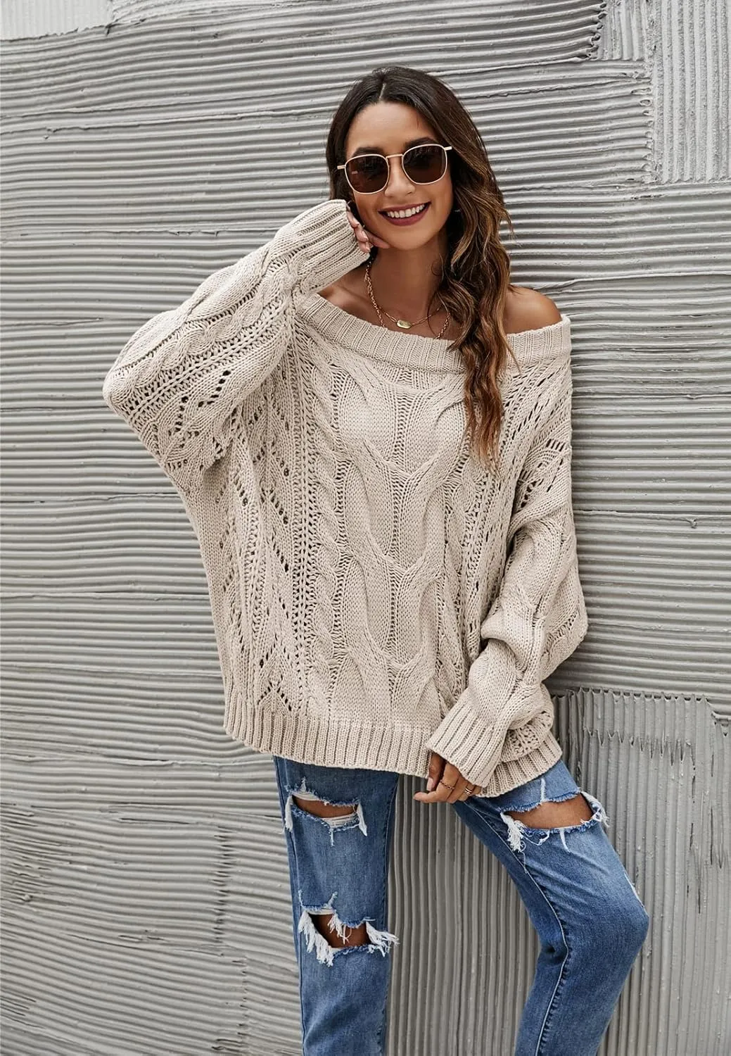 GOLDSTITCH Women's Off Shoulder Batwing Sleeve Loose Oversized Pullover Sweater Knit Jumper