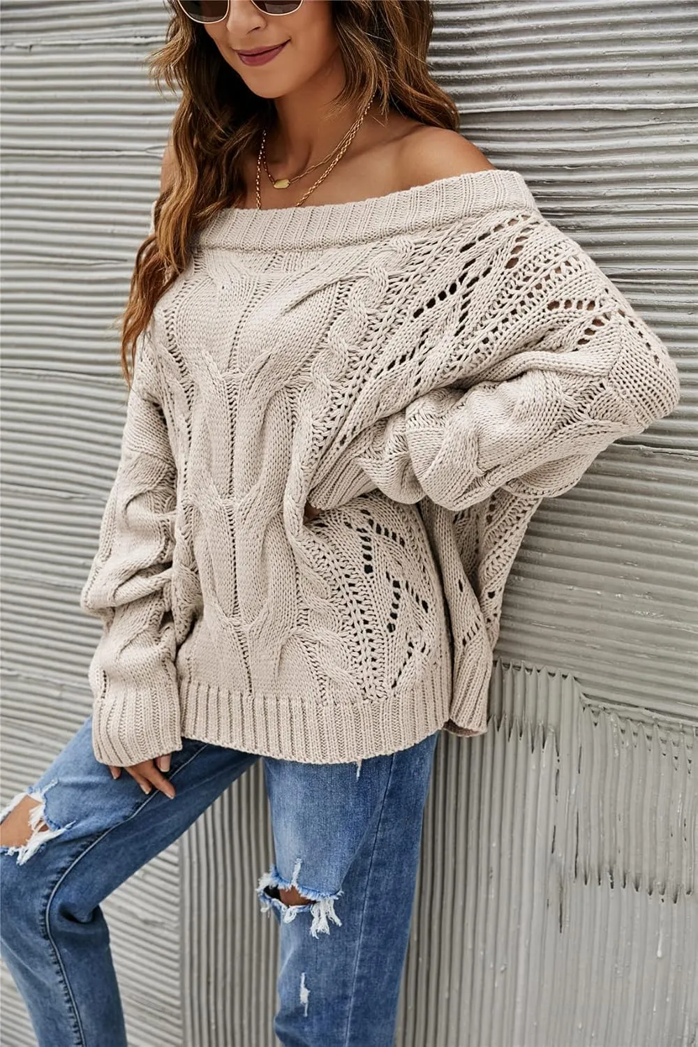 GOLDSTITCH Women's Off Shoulder Batwing Sleeve Loose Oversized Pullover Sweater Knit Jumper