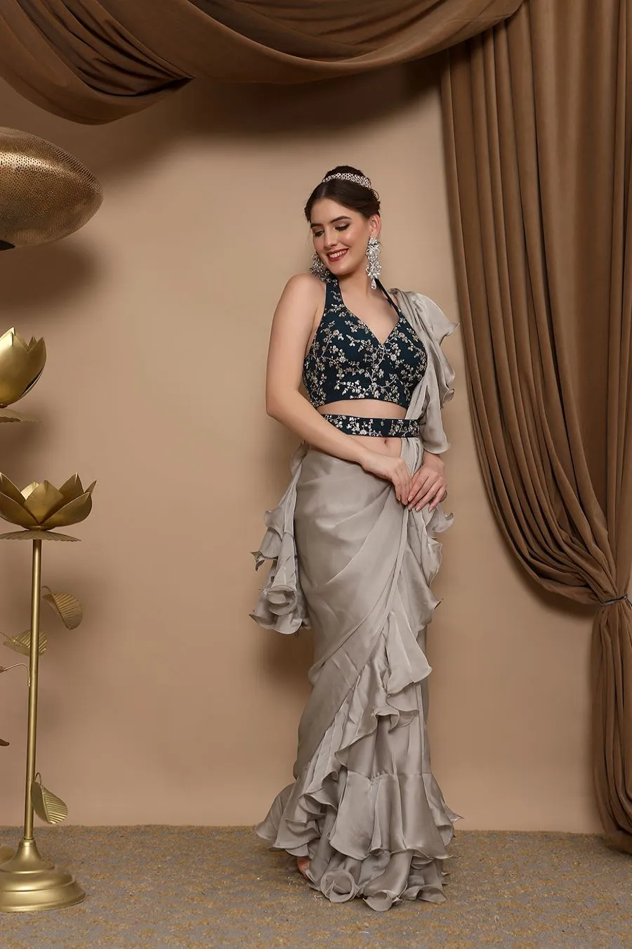 Grey Ruffle Saree with Peacock Green Halter Choli and Belt