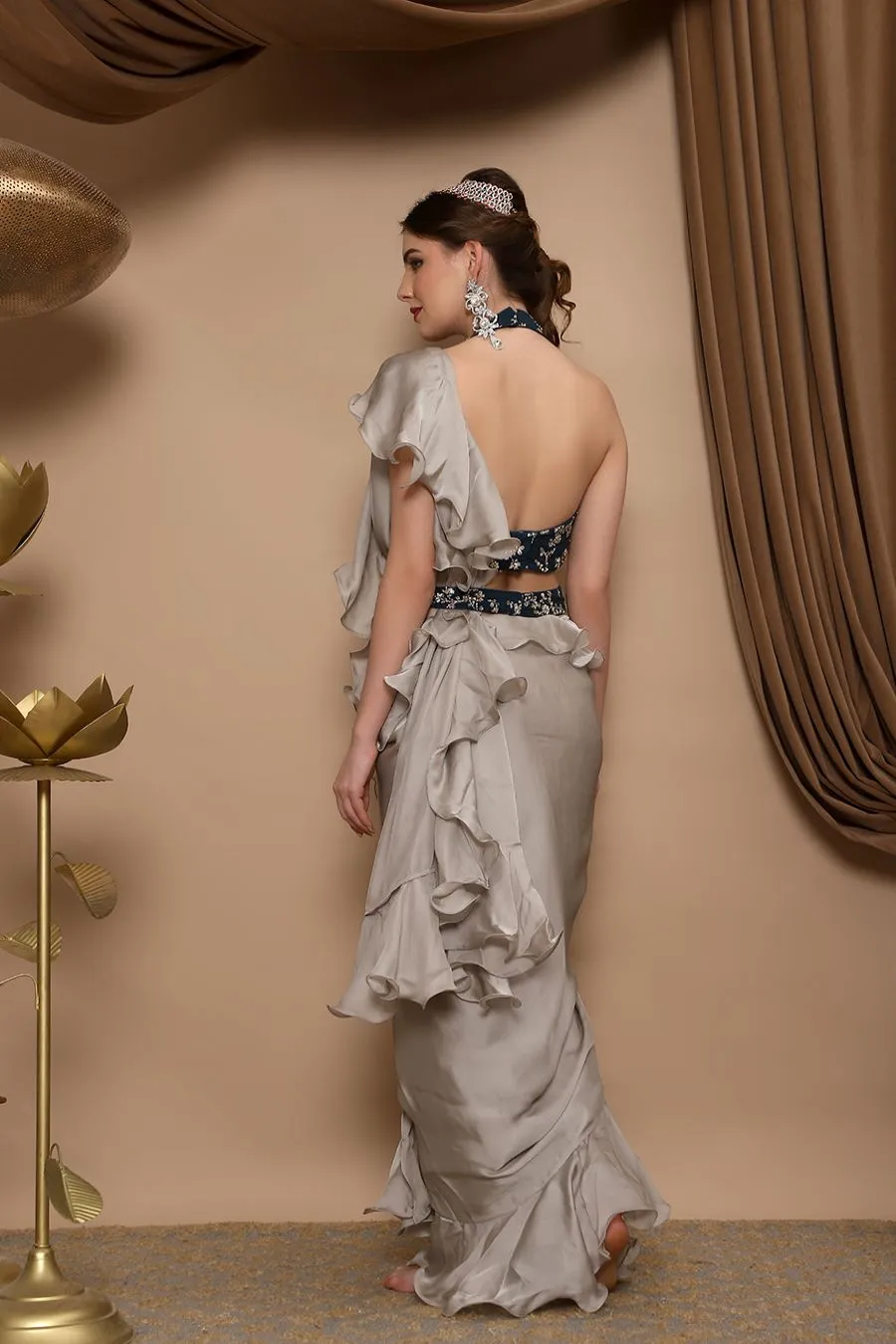 Grey Ruffle Saree with Peacock Green Halter Choli and Belt