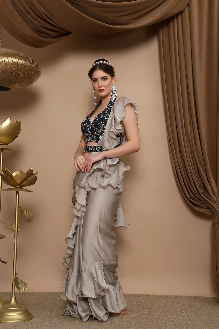 Grey Ruffle Saree with Peacock Green Halter Choli and Belt
