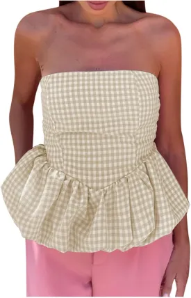 HGps8w Womens Chic Bubble Hem Tube Tops Strapless Off Shoulder Peplum Shirts Sleeveless Going Out Bandeau Tops