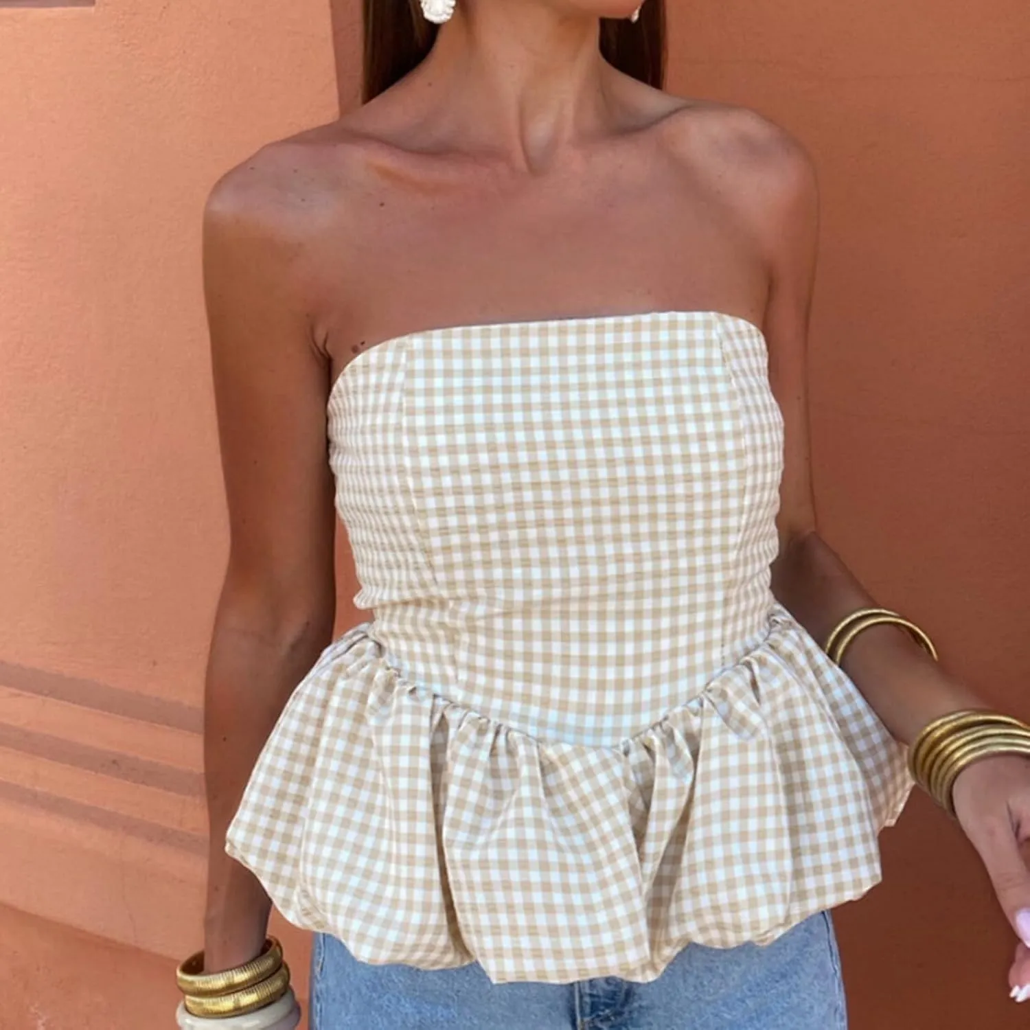 HGps8w Womens Chic Bubble Hem Tube Tops Strapless Off Shoulder Peplum Shirts Sleeveless Going Out Bandeau Tops