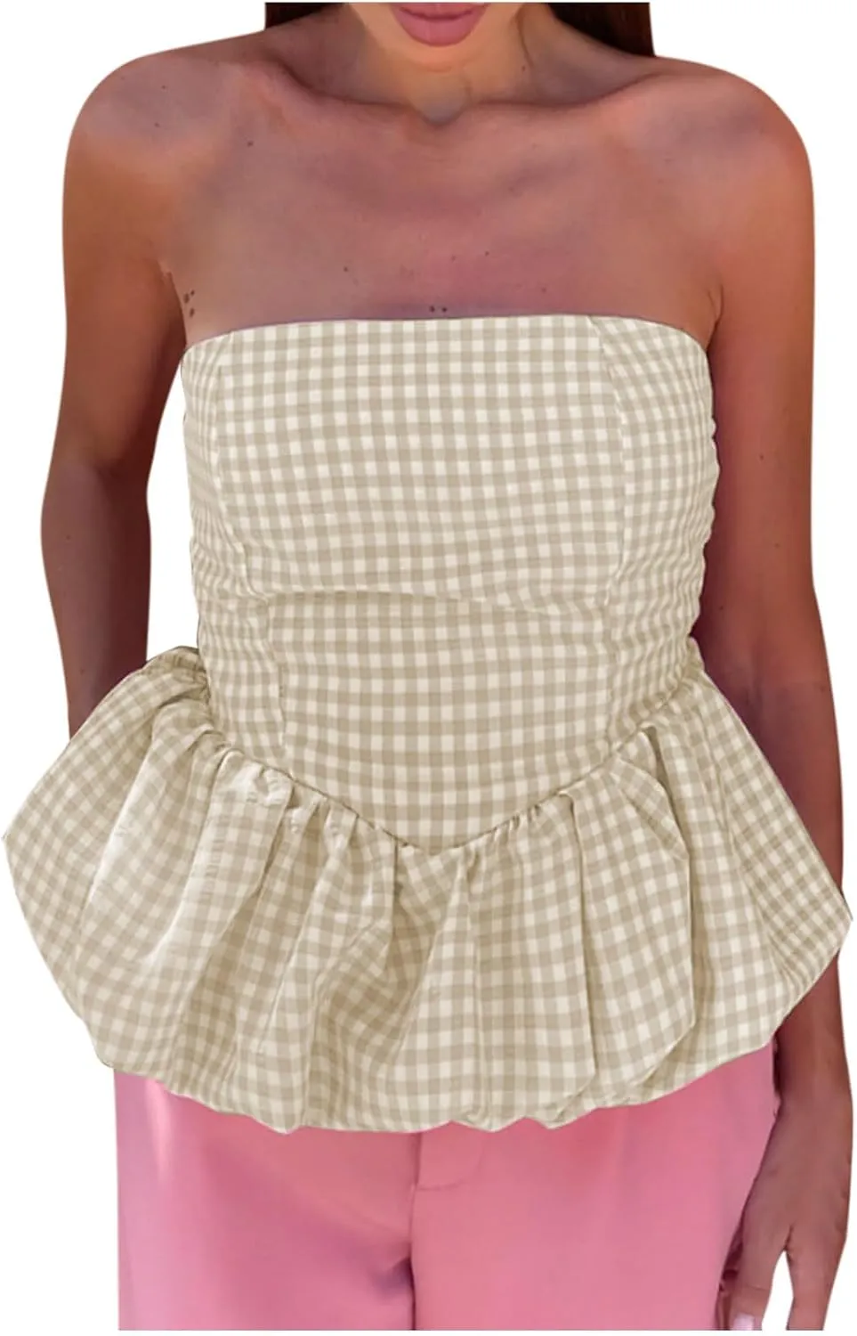 HGps8w Womens Chic Bubble Hem Tube Tops Strapless Off Shoulder Peplum Shirts Sleeveless Going Out Bandeau Tops
