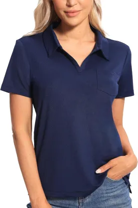 Hiverlay Women's Golf Shirt Short Sleeve V Neck Collar Polo Shirts Athletic Tennis Tops Lightweight Quick Dry UPF 50 