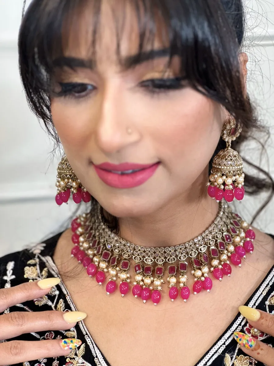Hot Pink and Champagne Polki Necklace Set