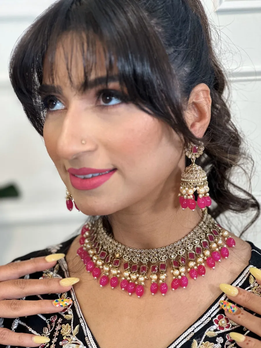 Hot Pink and Champagne Polki Necklace Set