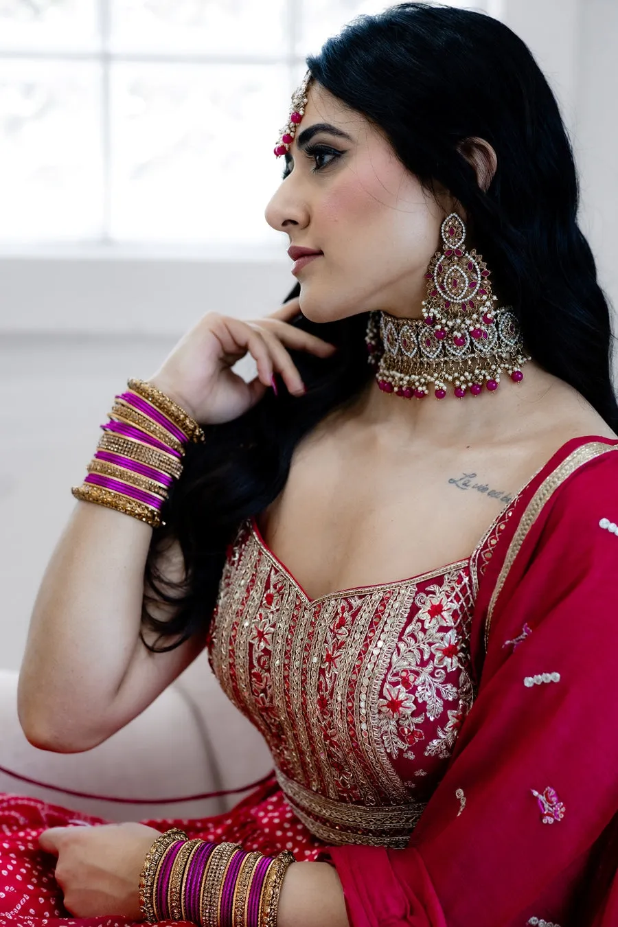 Hot Pink and Gold Champagne Polki Necklace Set
