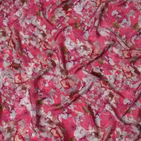 Hot Pink Viscose Crepe Printed Fabric with White and Red Floral Design, 110 cm Width-D20458