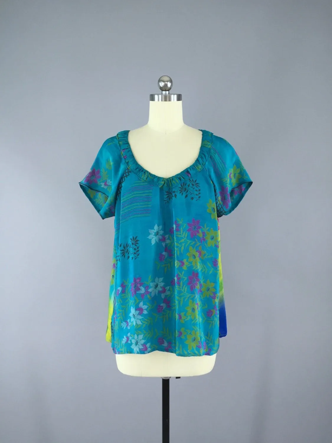 India Silk T-Shirt Blouse / Aqua Floral Print / Size Medium