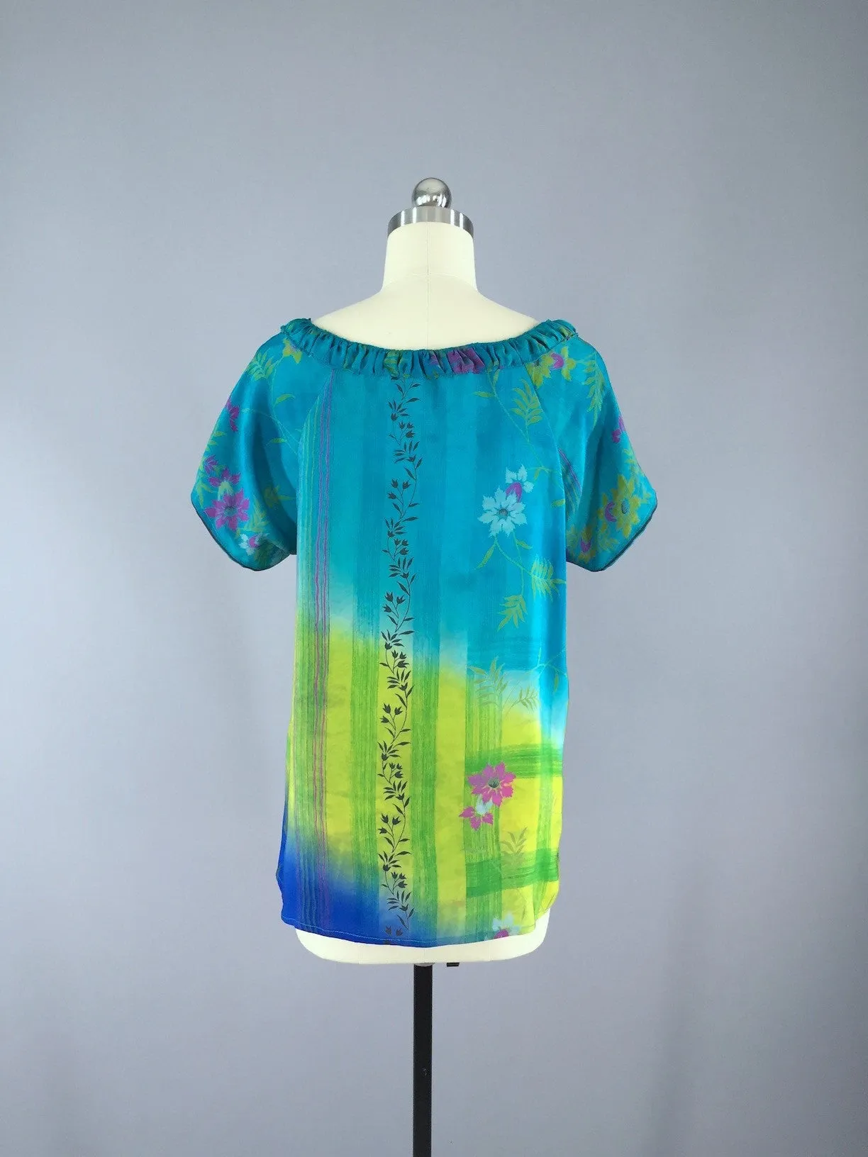 India Silk T-Shirt Blouse / Aqua Floral Print / Size Medium