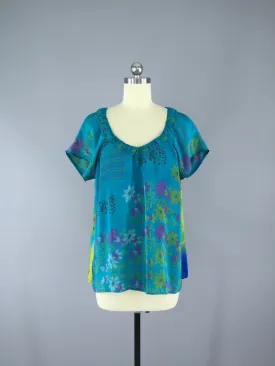 India Silk T-Shirt Blouse / Aqua Floral Print / Size Medium