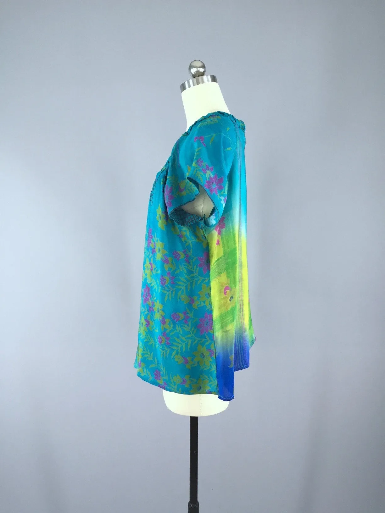 India Silk T-Shirt Blouse / Aqua Floral Print / Size Medium