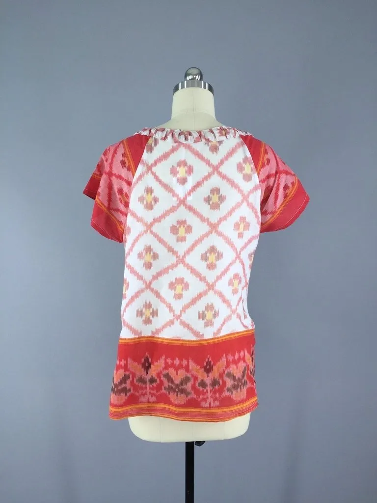 Indian Cotton Blouse with Red and White Ikat Pattern made from a Vintage Indian Sari