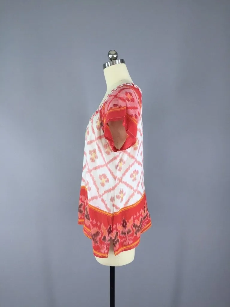 Indian Cotton Blouse with Red and White Ikat Pattern made from a Vintage Indian Sari