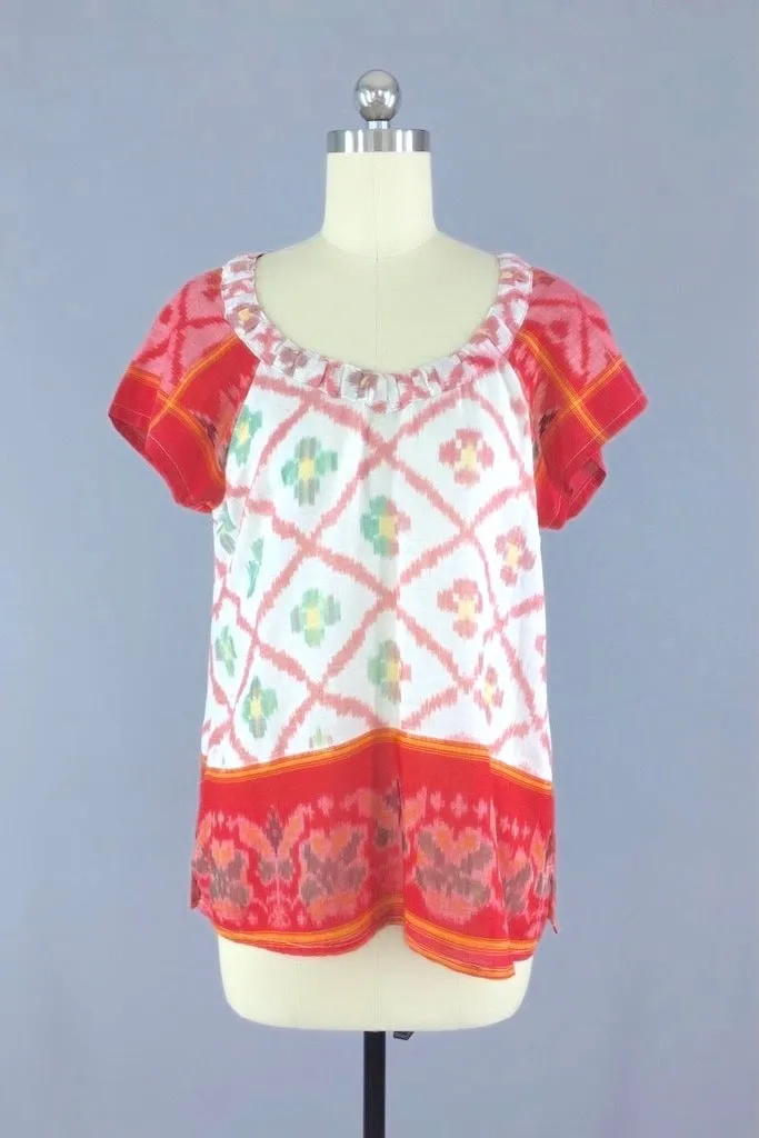 Indian Cotton Blouse with Red and White Ikat Pattern made from a Vintage Indian Sari