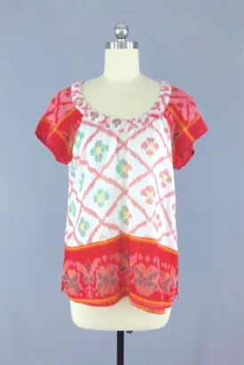 Indian Cotton Blouse with Red and White Ikat Pattern made from a Vintage Indian Sari
