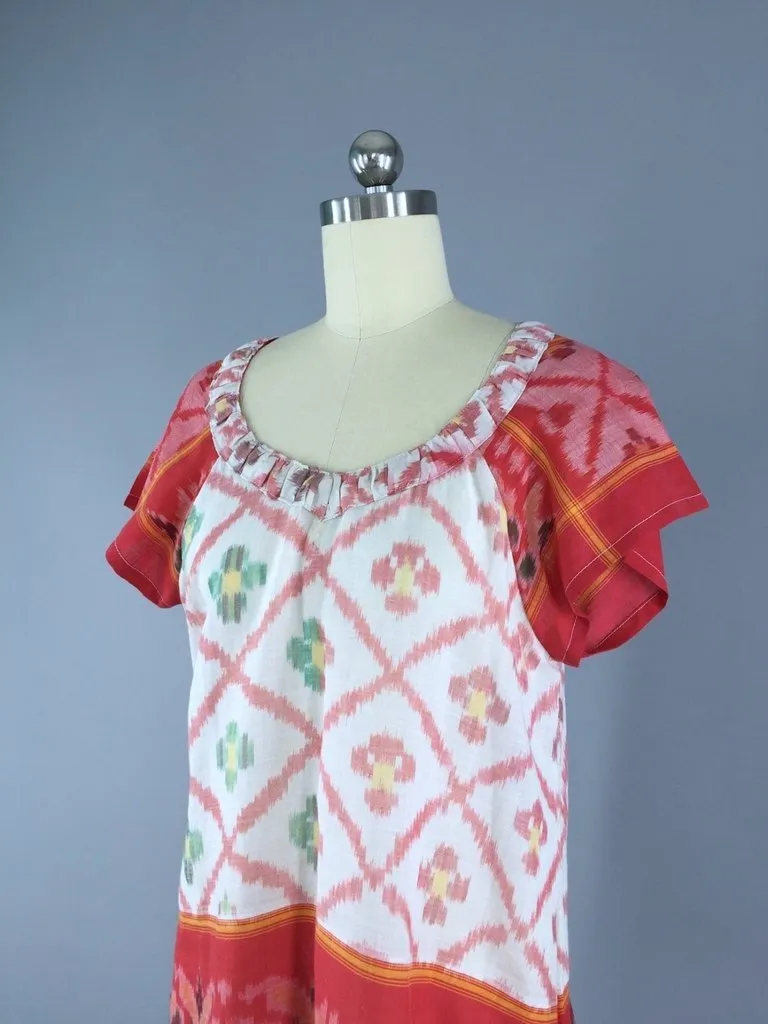 Indian Cotton Blouse with Red and White Ikat Pattern made from a Vintage Indian Sari