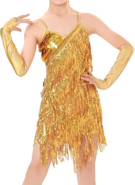 IWEMEK Latin Dance Dress for Girls 20s Flapper Dresses Sparkly Sequin Tassels 1920s Kids Fringe Flapper Dresses with Gloves