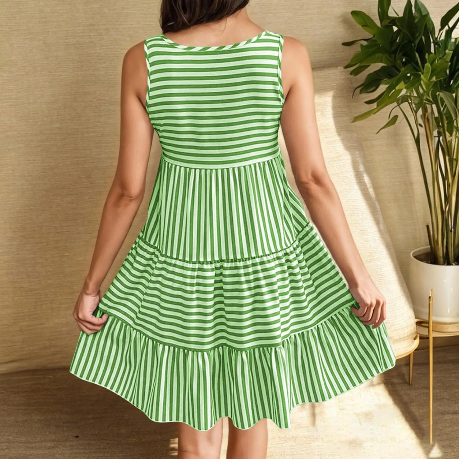 JOAU Women's Summer Boho Striped Print Mini Tank Dress Beach Vacation Casual Sleeveless Tiered Ruffle Swing A Line Sundress