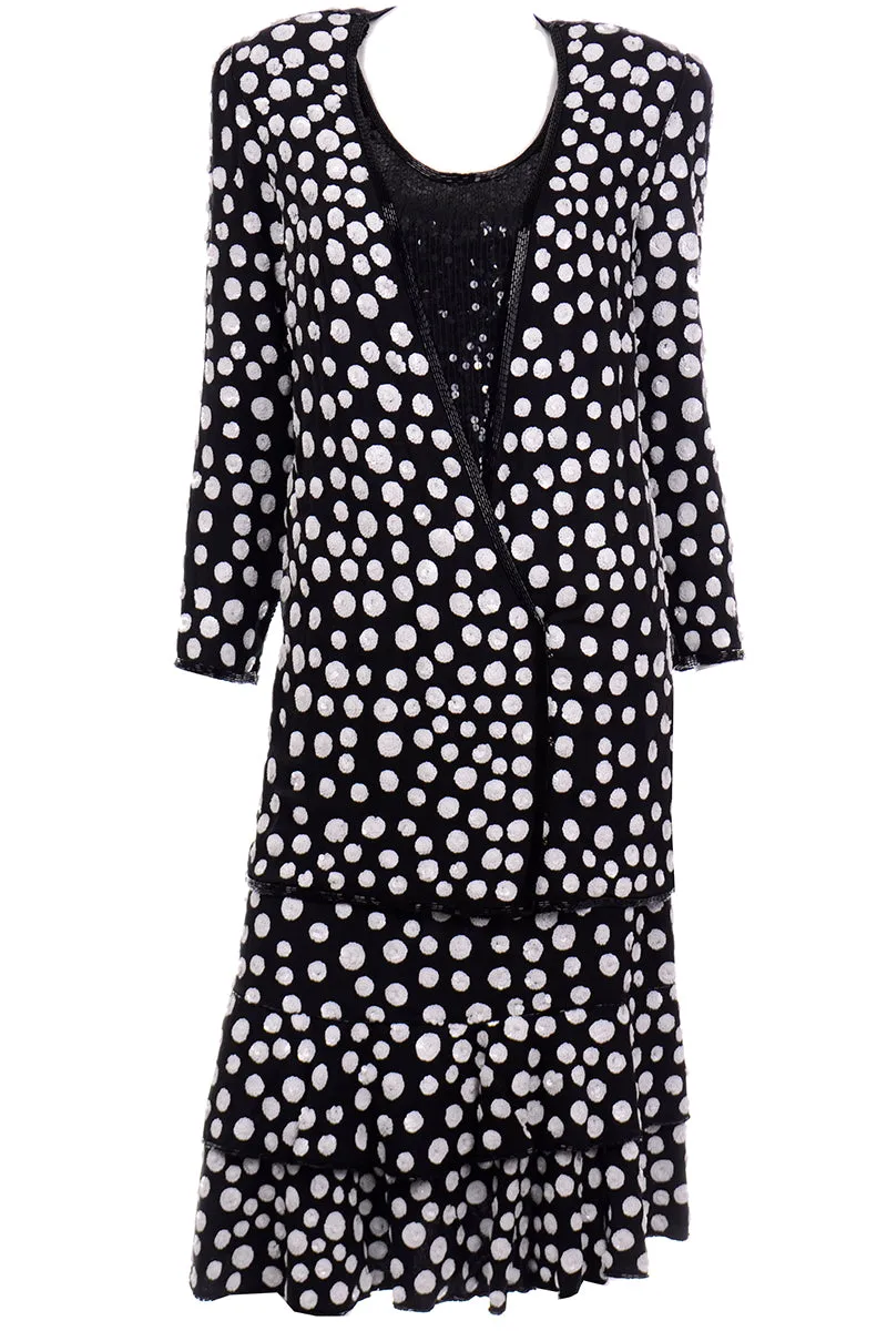 Judith Ann Creations Black & White Polka Dot Sequin Beaded Evening Outfit