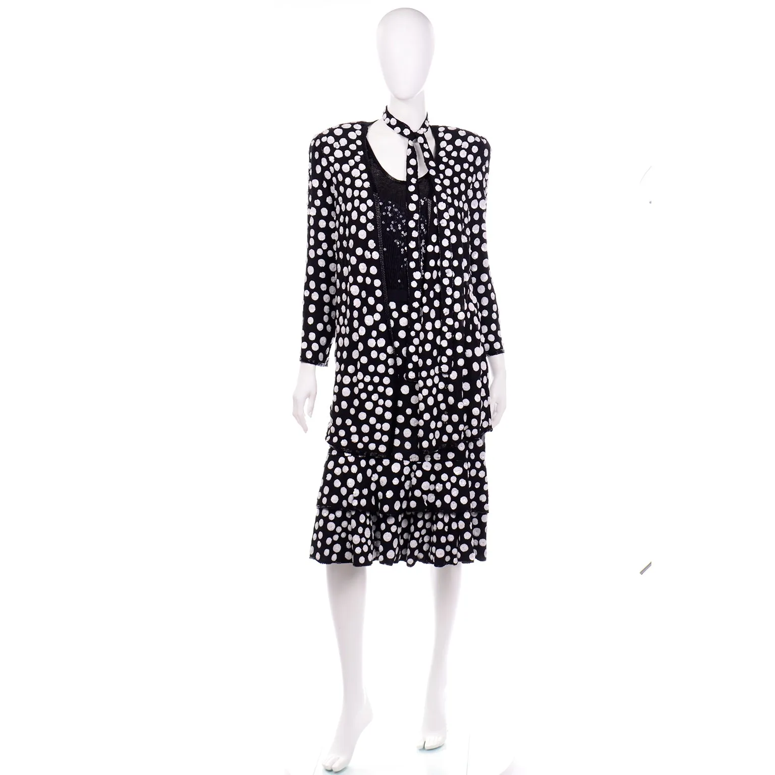 Judith Ann Creations Black & White Polka Dot Sequin Beaded Evening Outfit