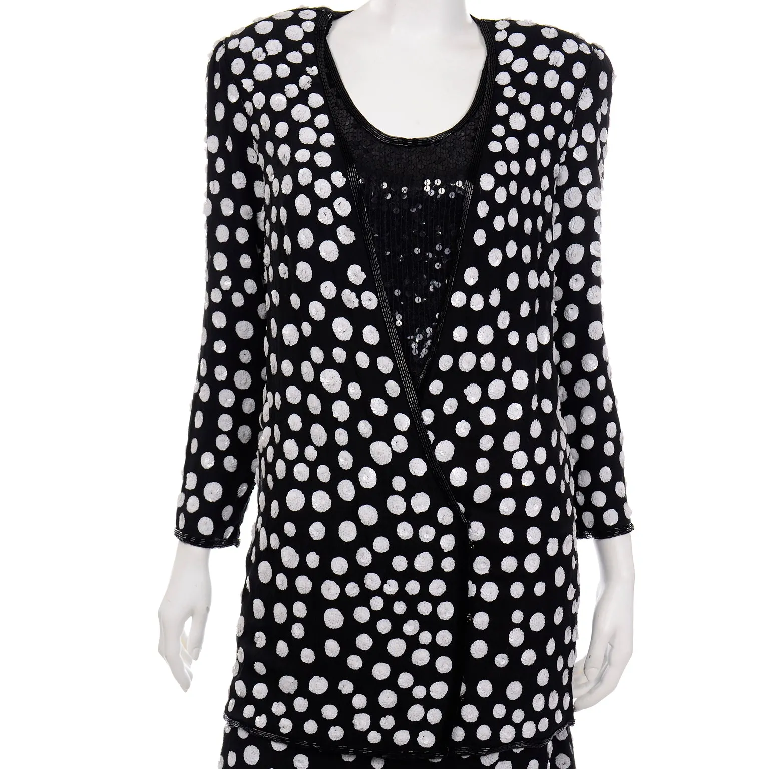 Judith Ann Creations Black & White Polka Dot Sequin Beaded Evening Outfit