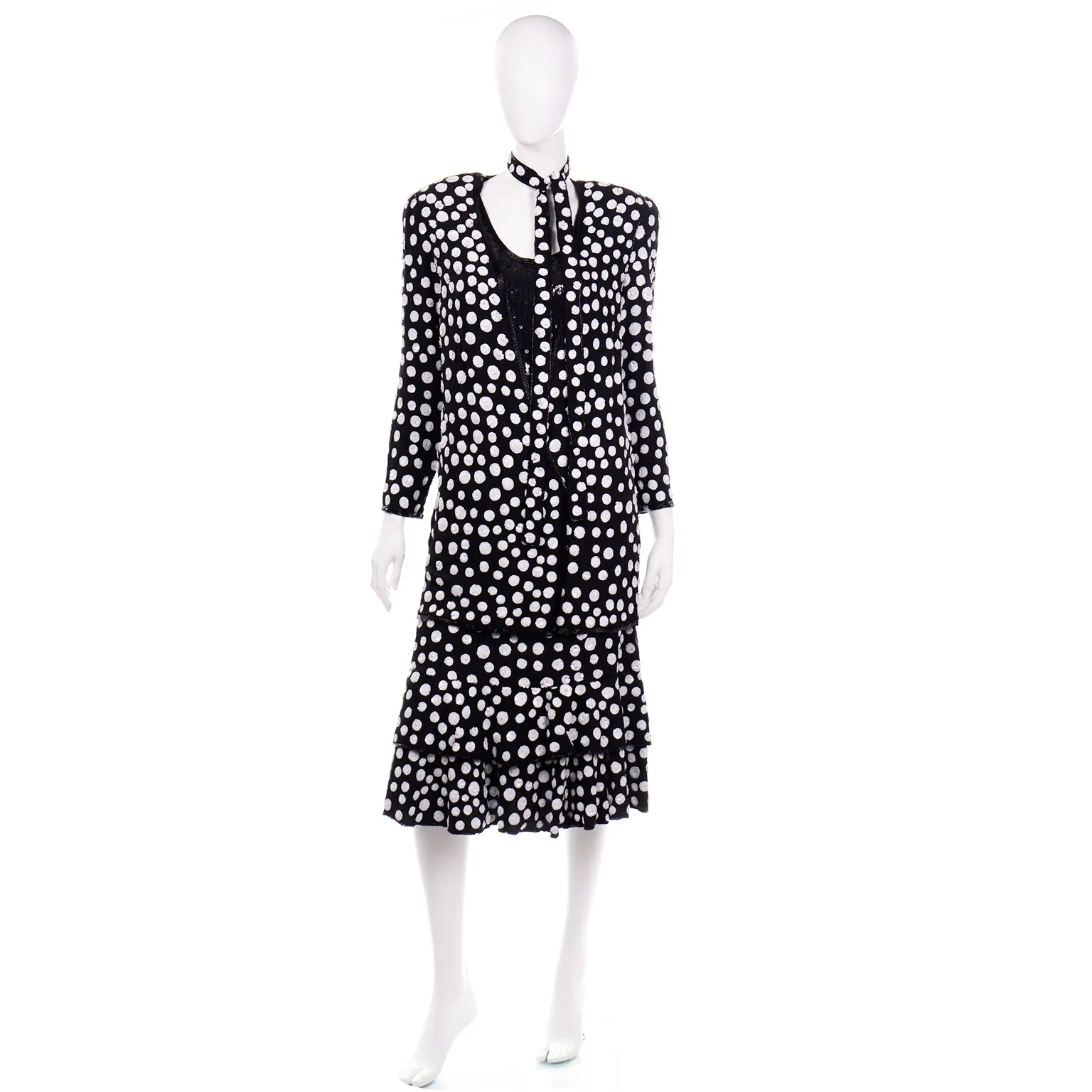 Judith Ann Creations Black & White Polka Dot Sequin Beaded Evening Outfit