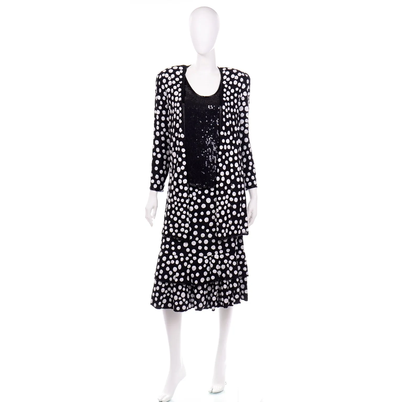 Judith Ann Creations Black & White Polka Dot Sequin Beaded Evening Outfit