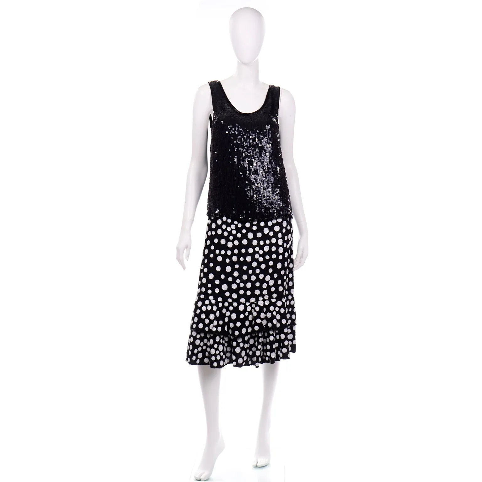 Judith Ann Creations Black & White Polka Dot Sequin Beaded Evening Outfit